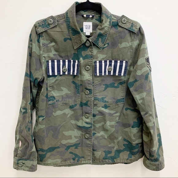 GAP Womens Green Camo Striped Military Style Shacket Jacket Pockets Button Front - Picture 2 of 13